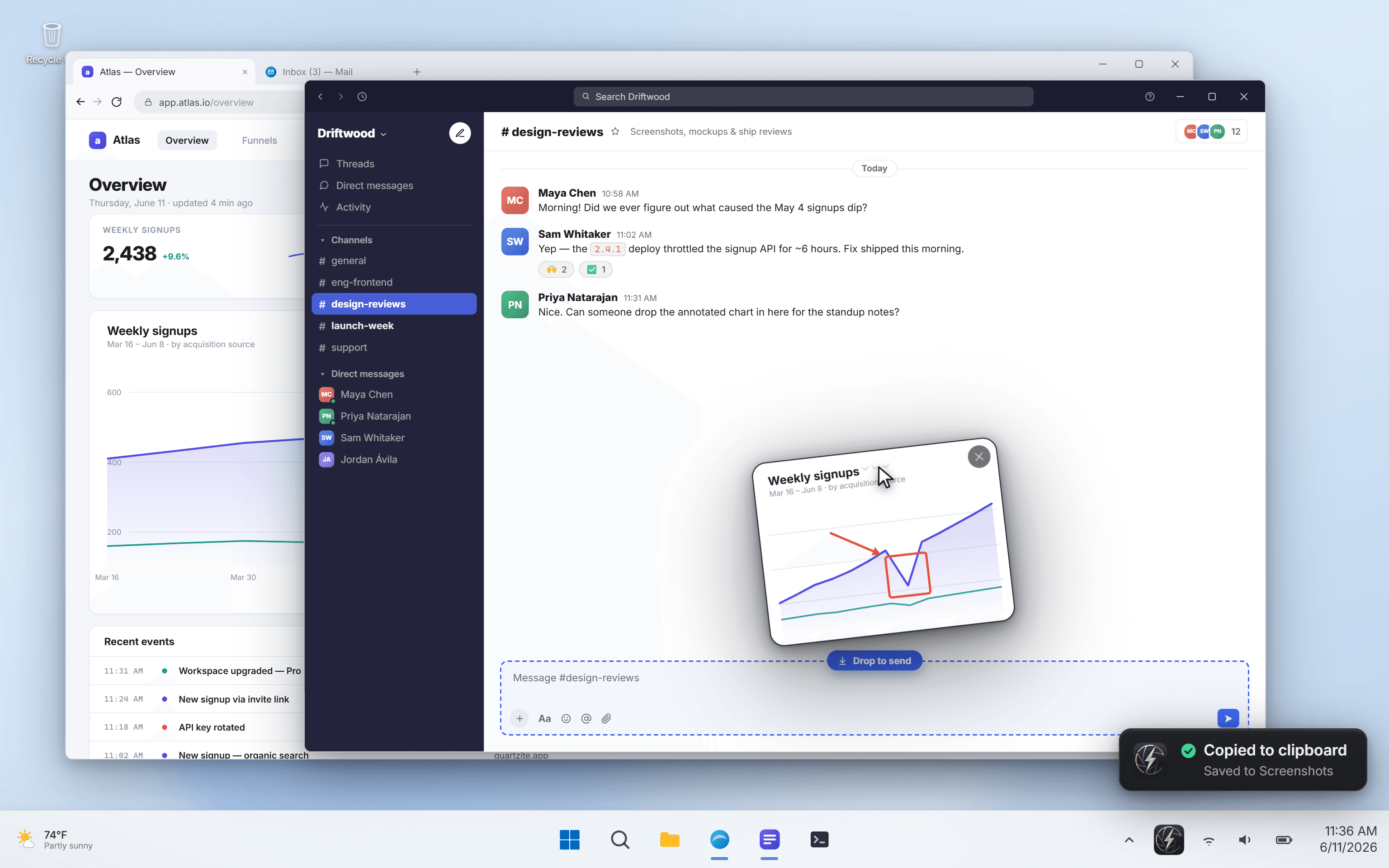 A floating QuipShot thumbnail of the annotated capture being dragged into a chat window with a drop-to-send target, beside a copied-to-clipboard toast