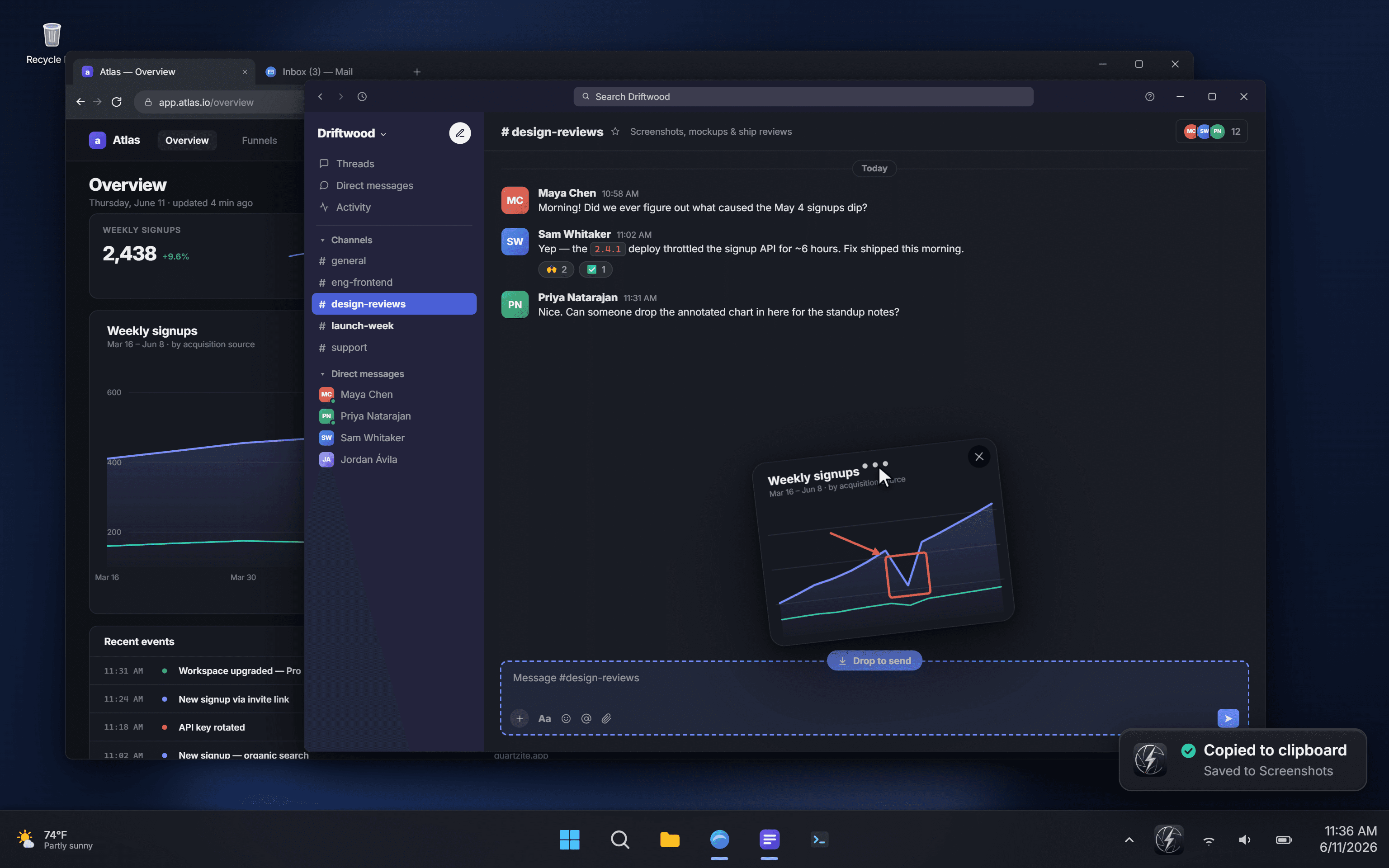 A floating QuipShot thumbnail of the annotated capture being dragged into a chat window with a drop-to-send target, beside a copied-to-clipboard toast