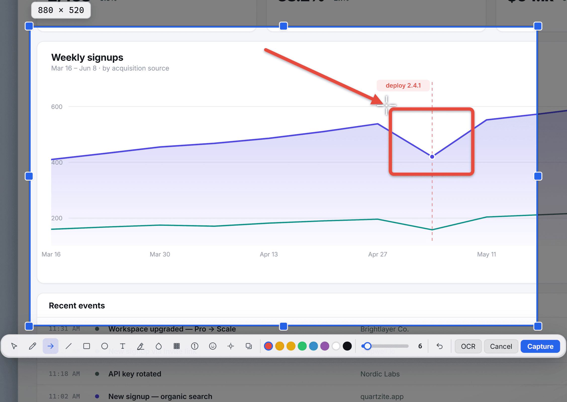 QuipShot capture overlay with a region selected, a red rectangle and arrow annotation drawn on the dashboard, and the inline annotation toolbar visible below