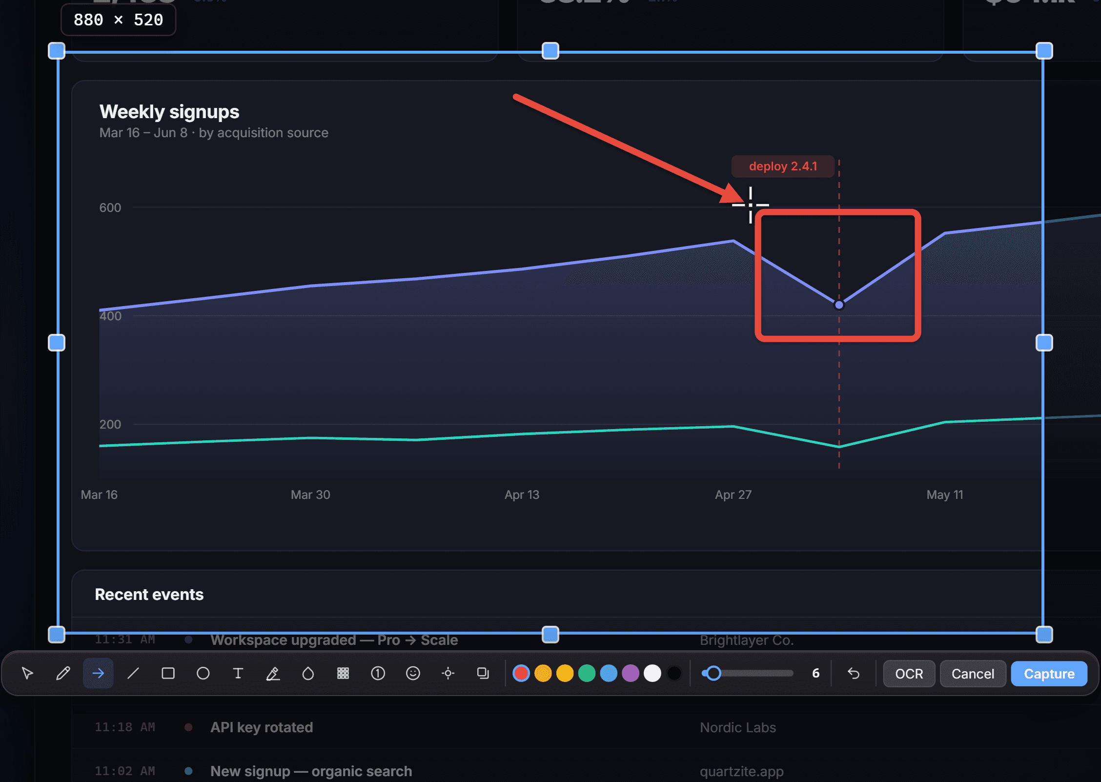 QuipShot capture overlay with a region selected, a red rectangle and arrow annotation drawn on the dashboard, and the inline annotation toolbar visible below
