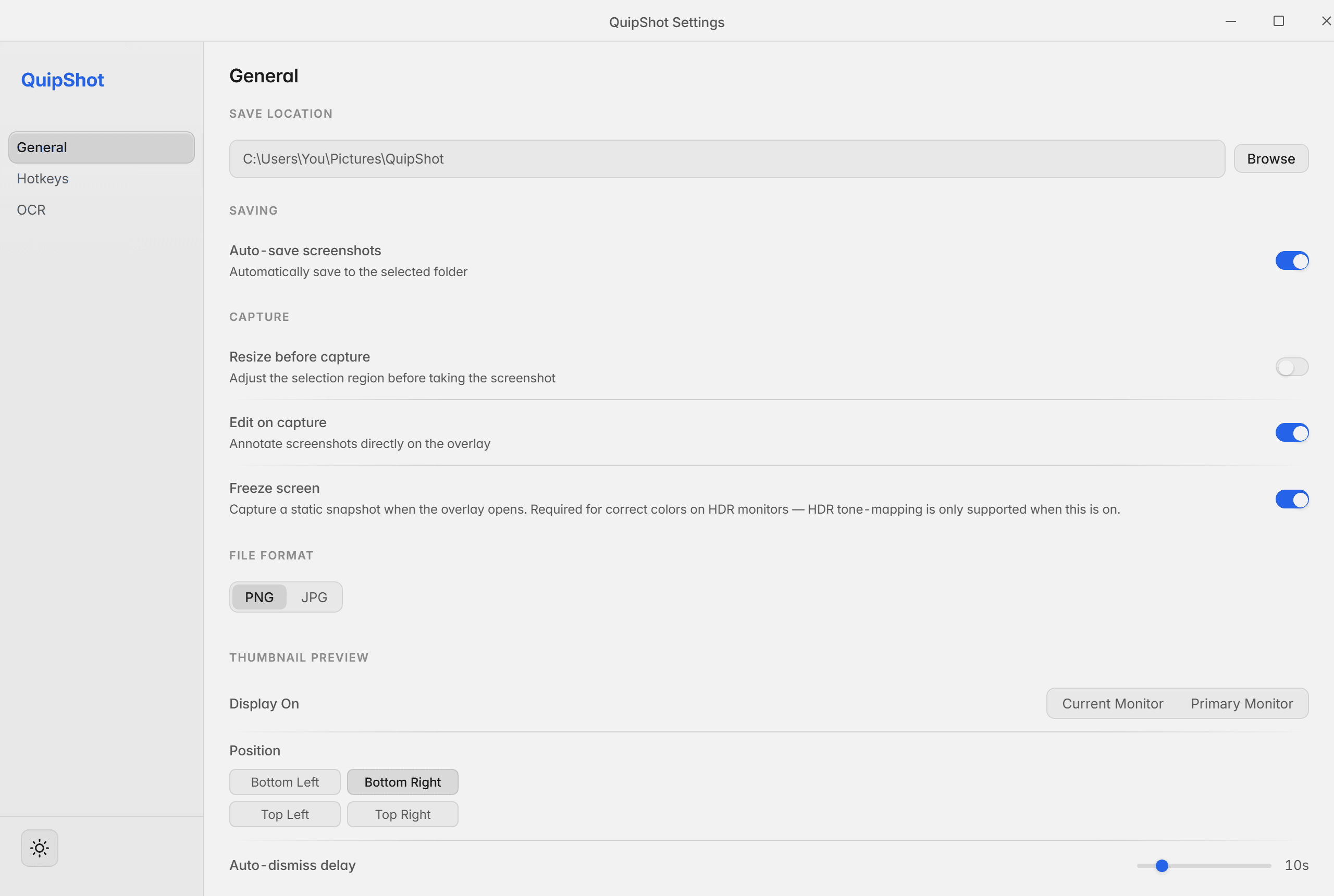 QuipShot Settings window: save location, capture options, file format and thumbnail preferences
