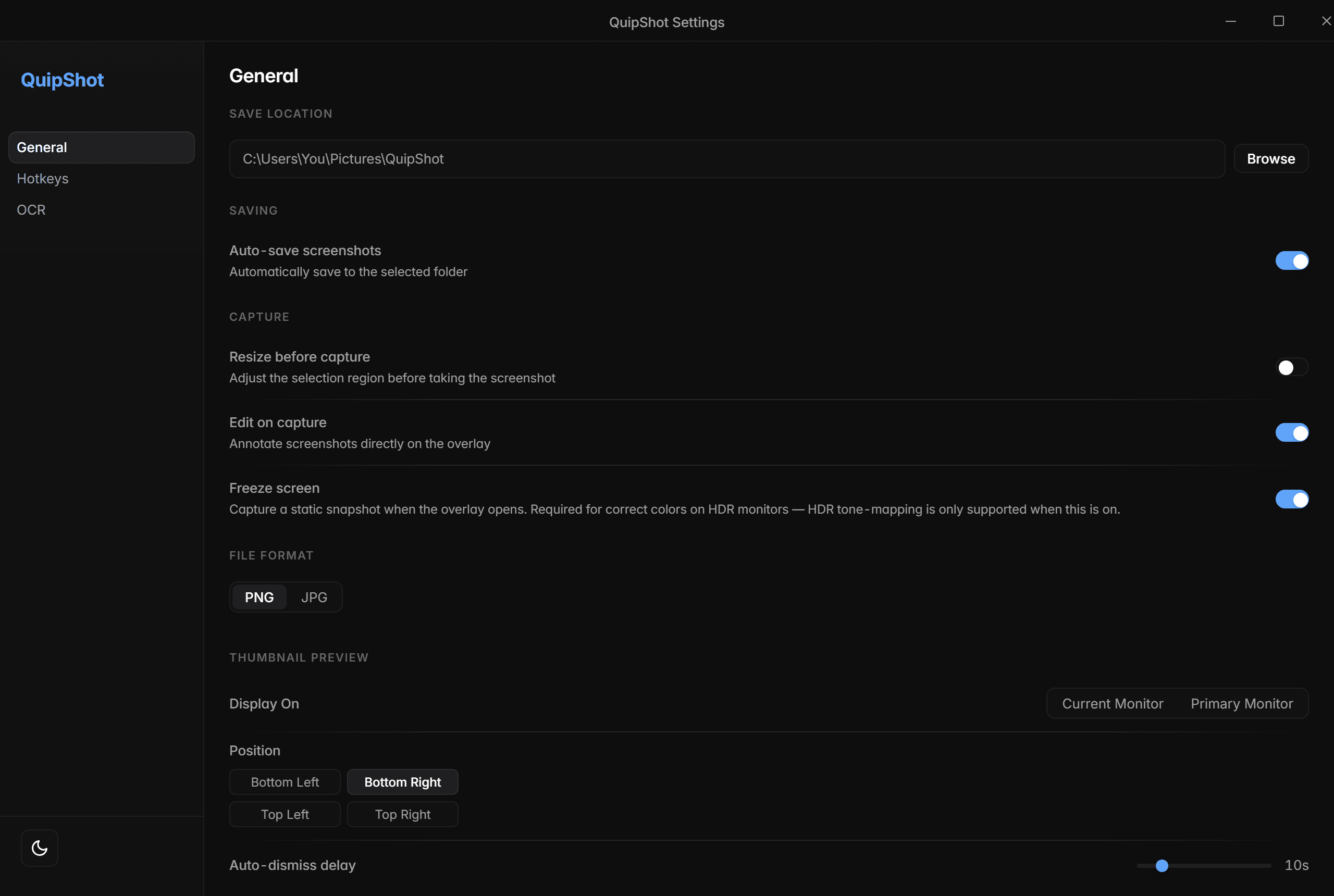 QuipShot Settings window: save location, capture options, file format and thumbnail preferences